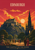 The Castle On The Rock — Edinburgh art print: edinburgh Castle and the Scott Monument at sunset above Princes Street Gardens, blazing red and orange sky with strolling couples