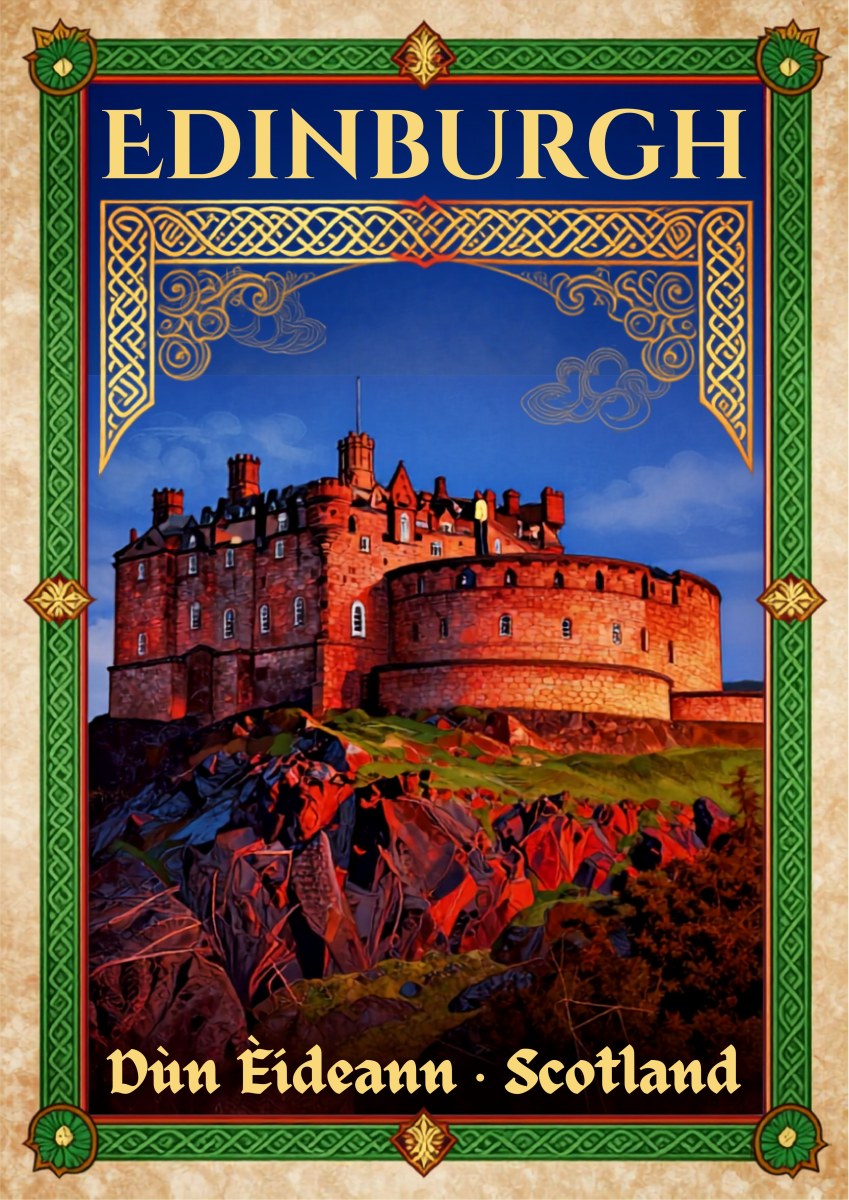 The Half Moon Battery — Edinburgh art print: the castle's rounded Half Moon Battery lit warm red on its crag, framed by a green and gold Celtic knotwork border