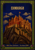 Thistle And Gold — Edinburgh art print: illuminated-manuscript castle in gold on deep navy with stylised clouds, thistles and a green Celtic interlace border