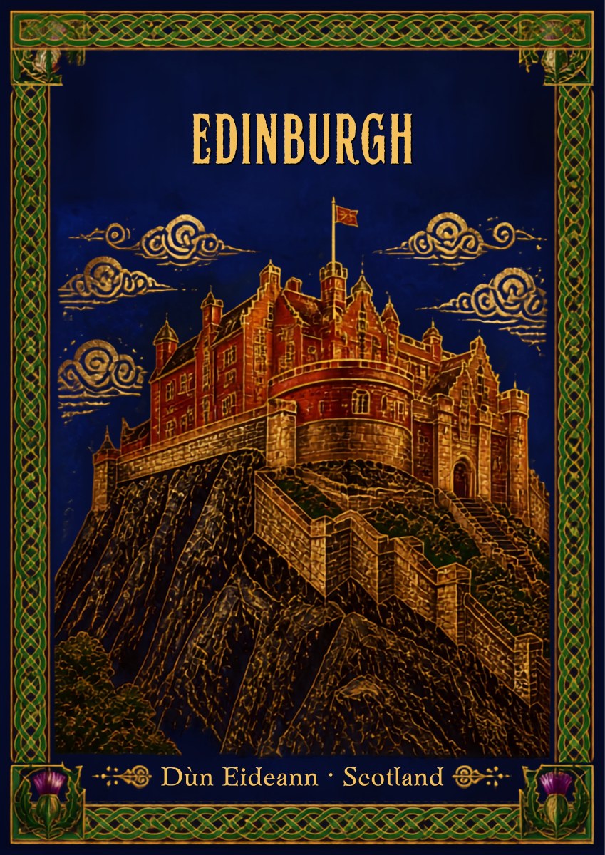 Thistle And Gold — Edinburgh art print: illuminated-manuscript castle in gold on deep navy with stylised clouds, thistles and a green Celtic interlace border