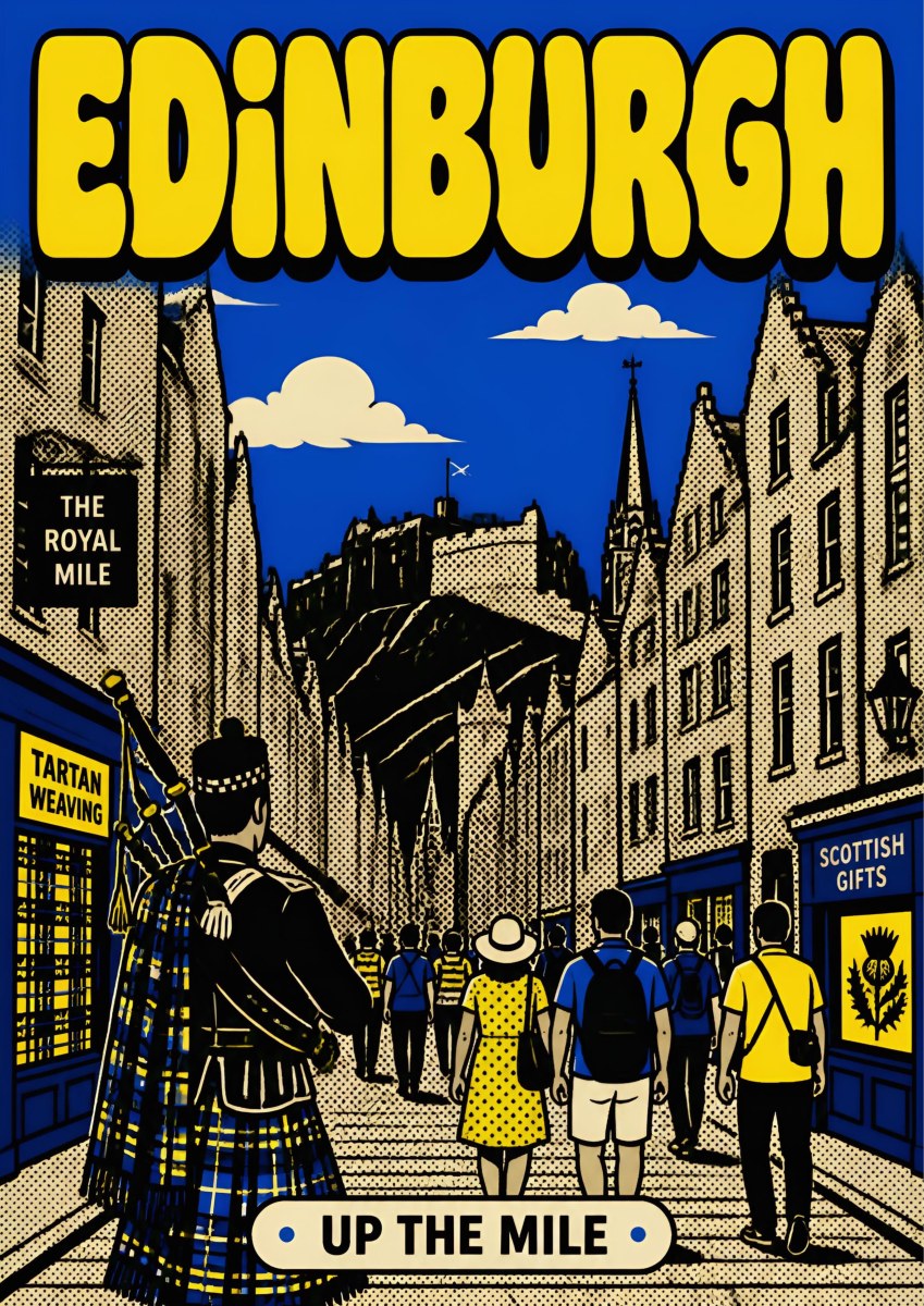 Up The Mile — Edinburgh art print: halftone pop-art Royal Mile in yellow and cobalt blue with a piper in tartan and tourists walking up towards the castle