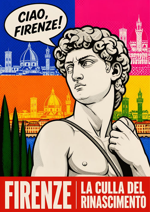 Ciao, Firenze! — Firenze art print: pop-art comic-style Michelangelo's David with a speech bubble against blocks of hot pink, blue, orange and yellow skyline