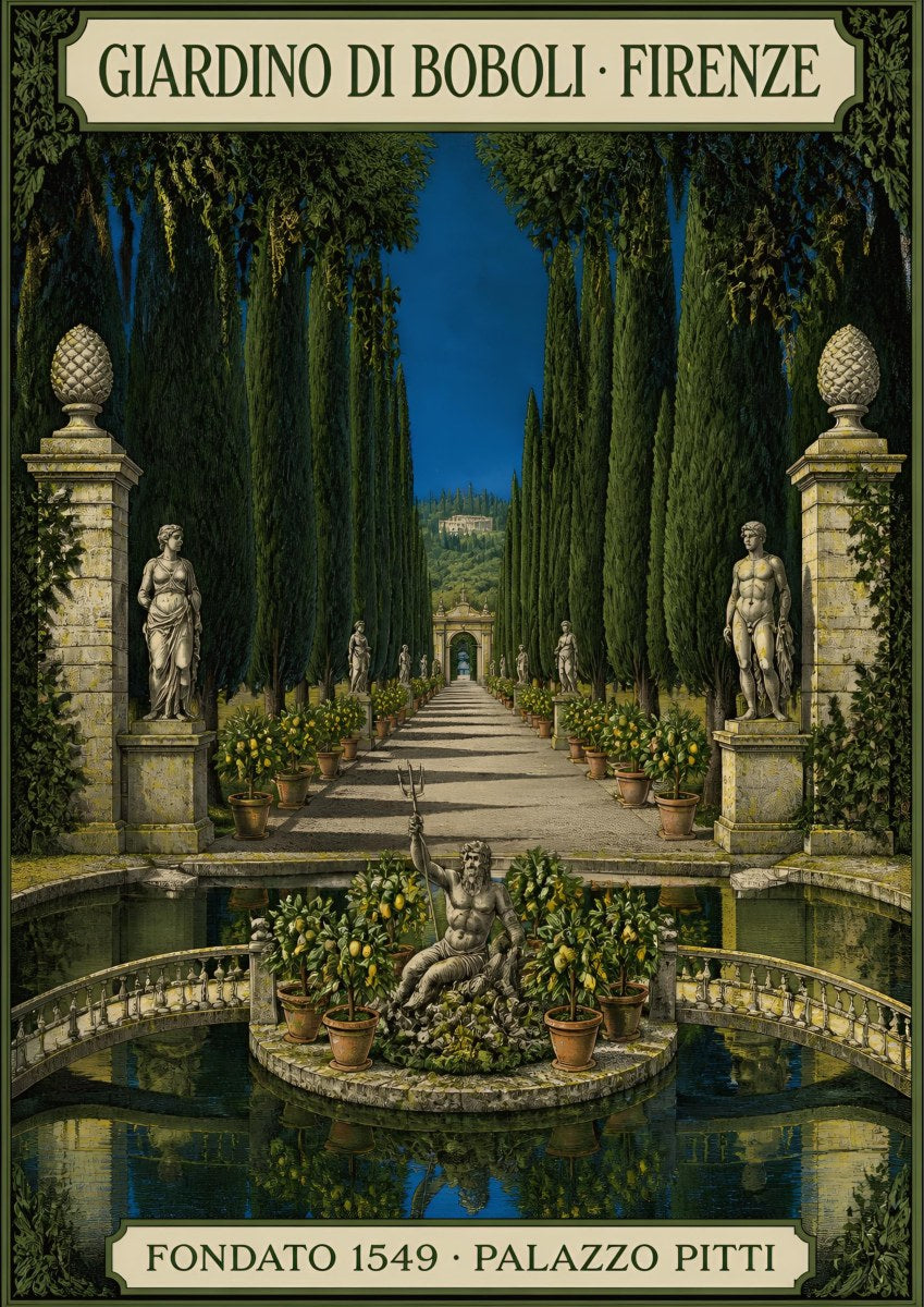 Giardino Di Boboli — Firenze art print: the Boboli Gardens cypress avenue with marble statues, lemon pots and the Oceanus fountain; deep greens and stone