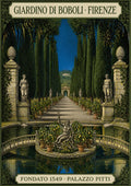 Giardino Di Boboli — Firenze art print: the Boboli Gardens cypress avenue with marble statues, lemon pots and the Oceanus fountain; deep greens and stone