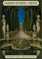 Giardino Di Boboli — Firenze art print: the Boboli Gardens cypress avenue with marble statues, lemon pots and the Oceanus fountain; deep greens and stone