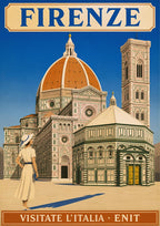Il Duomo — Firenze art print: the Duomo, Giotto's campanile and the Baptistery in green and white marble under a bright blue sky, with a woman in cream 1930s dress