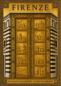 Le Porte Del Paradiso — Firenze art print: ghiberti's gilded Gates of Paradise on the Baptistery of San Giovanni, glowing gold relief panels in a striped marble frame