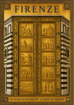 Le Porte Del Paradiso — Firenze art print: ghiberti's gilded Gates of Paradise on the Baptistery of San Giovanni, glowing gold relief panels in a striped marble frame