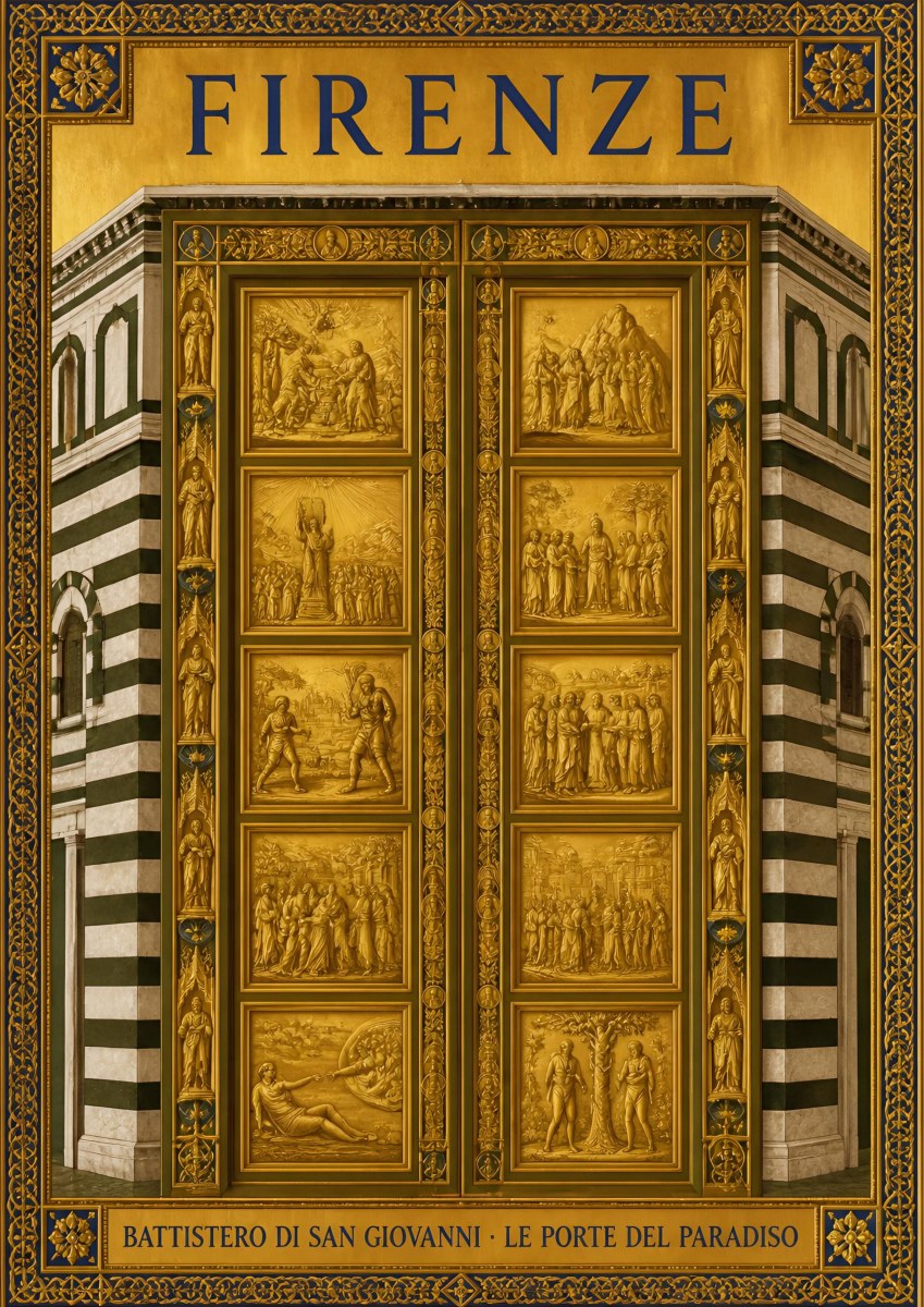 Le Porte Del Paradiso — Firenze art print: ghiberti's gilded Gates of Paradise on the Baptistery of San Giovanni, glowing gold relief panels in a striped marble frame