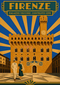 Palazzo Vecchio — Firenze art print: palazzo Vecchio and its clock tower in warm ochre with deco blue and gold rays, an elegant 1930s couple crossing the piazza