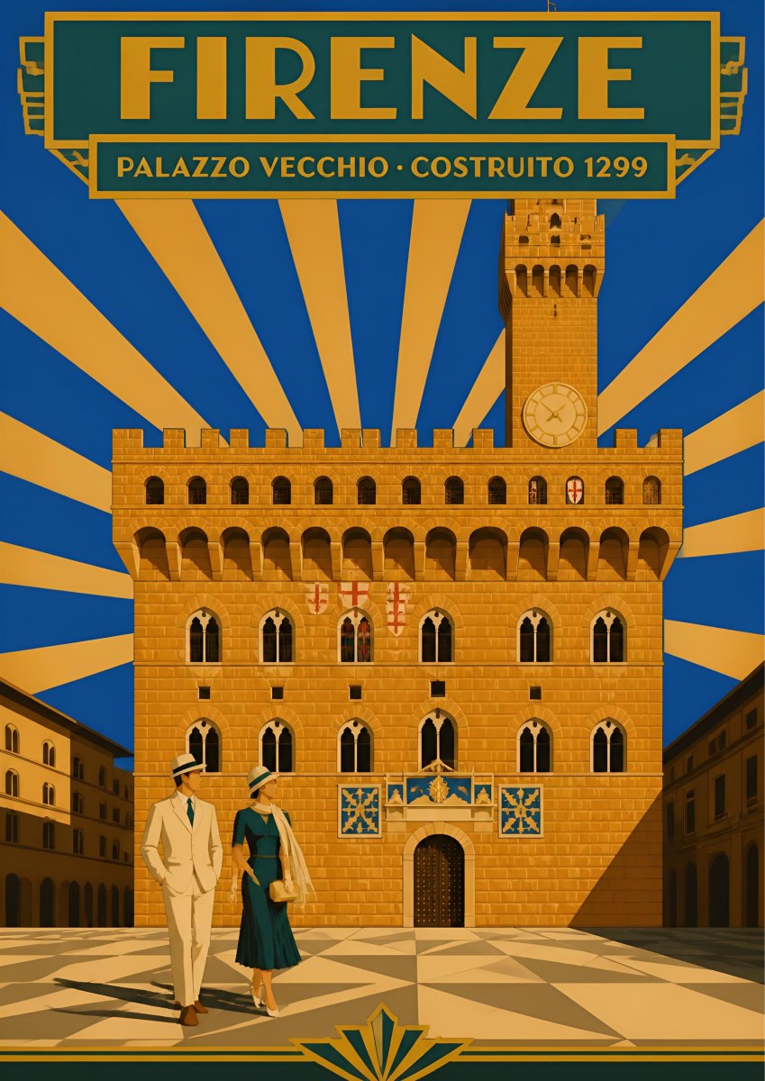 Palazzo Vecchio — Firenze art print: palazzo Vecchio and its clock tower in warm ochre with deco blue and gold rays, an elegant 1930s couple crossing the piazza