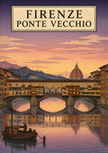 Ponte Vecchio — Firenze art print: the Ponte Vecchio at sunset over the Arno with a barge, lit shop windows and the Duomo beyond; peach, purple and rose tones