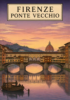 Ponte Vecchio — Firenze art print: the Ponte Vecchio at sunset over the Arno with a barge, lit shop windows and the Duomo beyond; peach, purple and rose tones