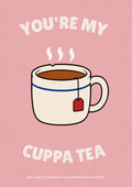 You're My Cuppa Tea – Battenberg Pink art print: the cream mug of milky tea with red tea tag and curling steam, on a dusty rose-pink background with the cream arched slogan 'You're My Cuppa Tea' and the small 'cuppa, noun' caption