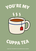 You're My Cuppa Tea – Garden Sage art print: the cream mug of milky tea with blue rim stripe and red tea tag, on a soft sage-green background under the cream slogan 'You're My Cuppa Tea' with the small 'cuppa, noun' caption