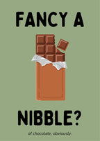 Fancy a Nibble – Allotment Sage art print: flat illustration of a milk chocolate bar opened at the top, deep cocoa embossed squares with one corner bitten and a square lifting away, silver foil rumpled over a warm brown wrapper, on a soft sage green background with black hand-lettered FANCY A / NIBBLE?