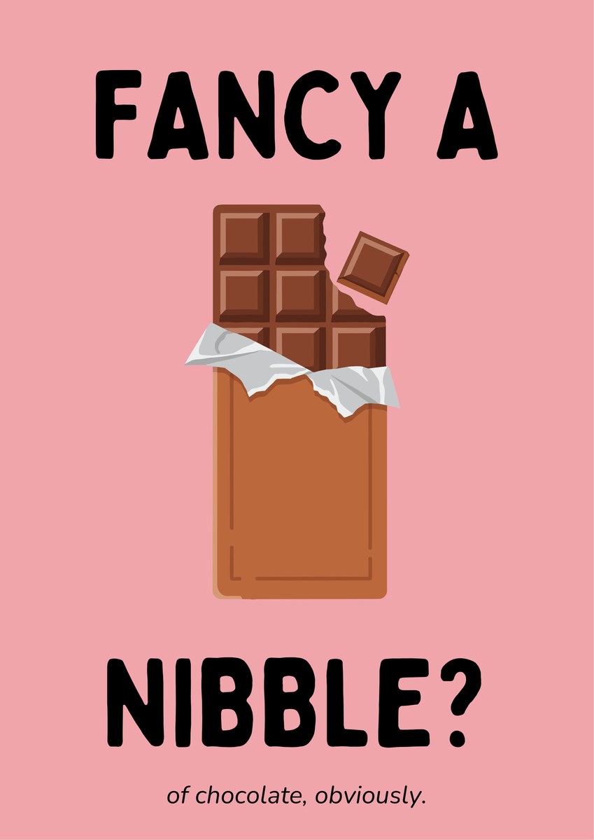 Fancy a Nibble – Candyfloss Pink art print: playful flat illustration of a milk chocolate bar with dark brown embossed squares, a corner nibbled away and one square hovering loose, silver foil folded over a smooth brown wrapper, on a dusty pink background with bold black hand-lettered FANCY A / NIBBLE?