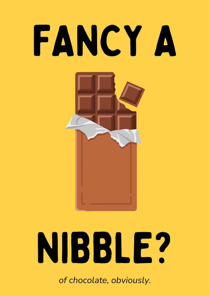 Fancy a Nibble – Chippy Gold art print: cartoon-flat illustration of a chocolate bar peeled open at the top, rows of dark brown embossed squares, a bitten corner and one square tumbling free, silver foil crumpled over the brown wrapper below, on a warm golden yellow background with black hand-lettered FANCY A / NIBBLE?