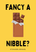 Fancy a Nibble – Chippy Gold art print: cartoon-flat illustration of a chocolate bar peeled open at the top, rows of dark brown embossed squares, a bitten corner and one square tumbling free, silver foil crumpled over the brown wrapper below, on a warm golden yellow background with black hand-lettered FANCY A / NIBBLE?