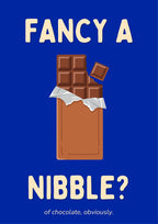 Fancy a Nibble – Deckchair Blue art print: flat graphic illustration of a half-opened milk chocolate bar with dark embossed squares, a bitten corner and one square floating above, silver foil torn back over a brown wrapper, on a deep royal blue background with cream hand-lettered FANCY A / NIBBLE?