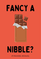 Fancy a Nibble – Ketchup Coral art print: bold illustration of an upright milk chocolate bar with dark embossed squares, a nibbled corner and a loose square adrift, silver foil folded back over the plain brown wrapper, on a hot coral red background with heavy black hand-lettered FANCY A / NIBBLE?