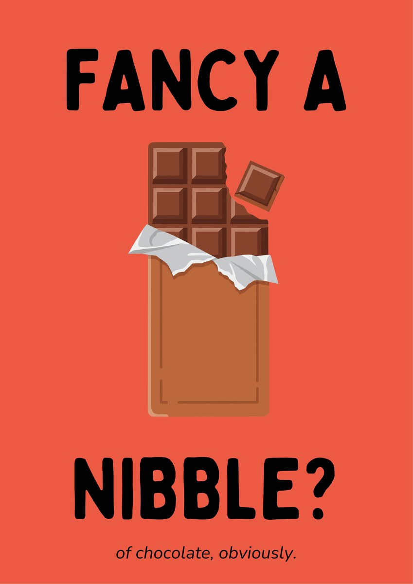 Fancy a Nibble – Ketchup Coral art print: bold illustration of an upright milk chocolate bar with dark embossed squares, a nibbled corner and a loose square adrift, silver foil folded back over the plain brown wrapper, on a hot coral red background with heavy black hand-lettered FANCY A / NIBBLE?