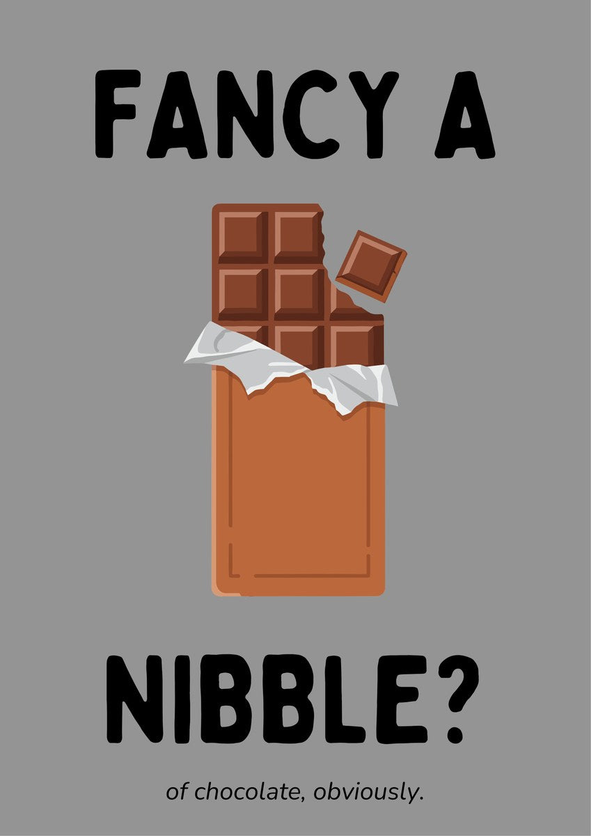 Fancy a Nibble – Pebble Grey art print: bold flat illustration of a milk chocolate bar half unwrapped, dark brown embossed squares with one corner bitten off and a loose square floating beside it, silver foil crumpled over a plain brown wrapper, on a mid-grey background with black hand-lettered FANCY A / NIBBLE?