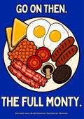 The Full Monty – Britannia Blue art print: the same flat-illustrated full English breakfast plate with eggs, sausages, bacon, beans, tomato, mushroom, black pudding and toast, lettered GO ON THEN. and THE FULL MONTY., set on a deep royal-blue background