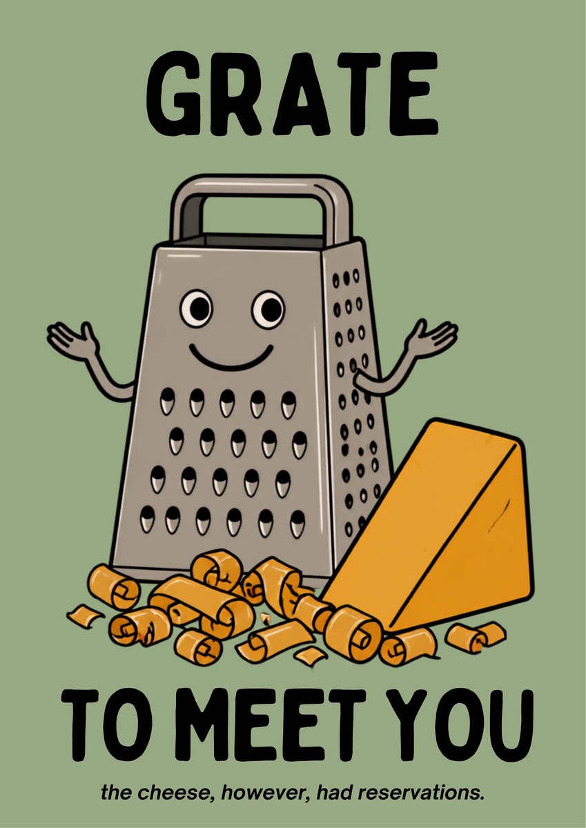 Grate to Meet You – Allotment Sage art print: bold cartoon illustration of a smiling silver box grater with outstretched arms, an orange wedge of cheese leaning on it and grated curls scattered around its feet, on a soft sage green background with black hand-lettered text reading GRATE / TO MEET YOU