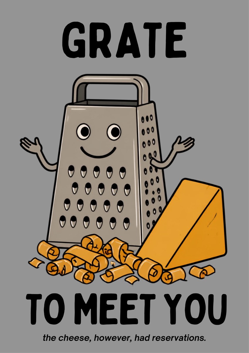 Grate to Meet You – Pebble Grey art print: bold cartoon illustration of a smiling silver box grater with its arms open, a thick orange wedge of cheese leaning against it and curled shreds scattered below, set on a mid-grey background with black hand-lettered text reading GRATE / TO MEET YOU above a small italic caption