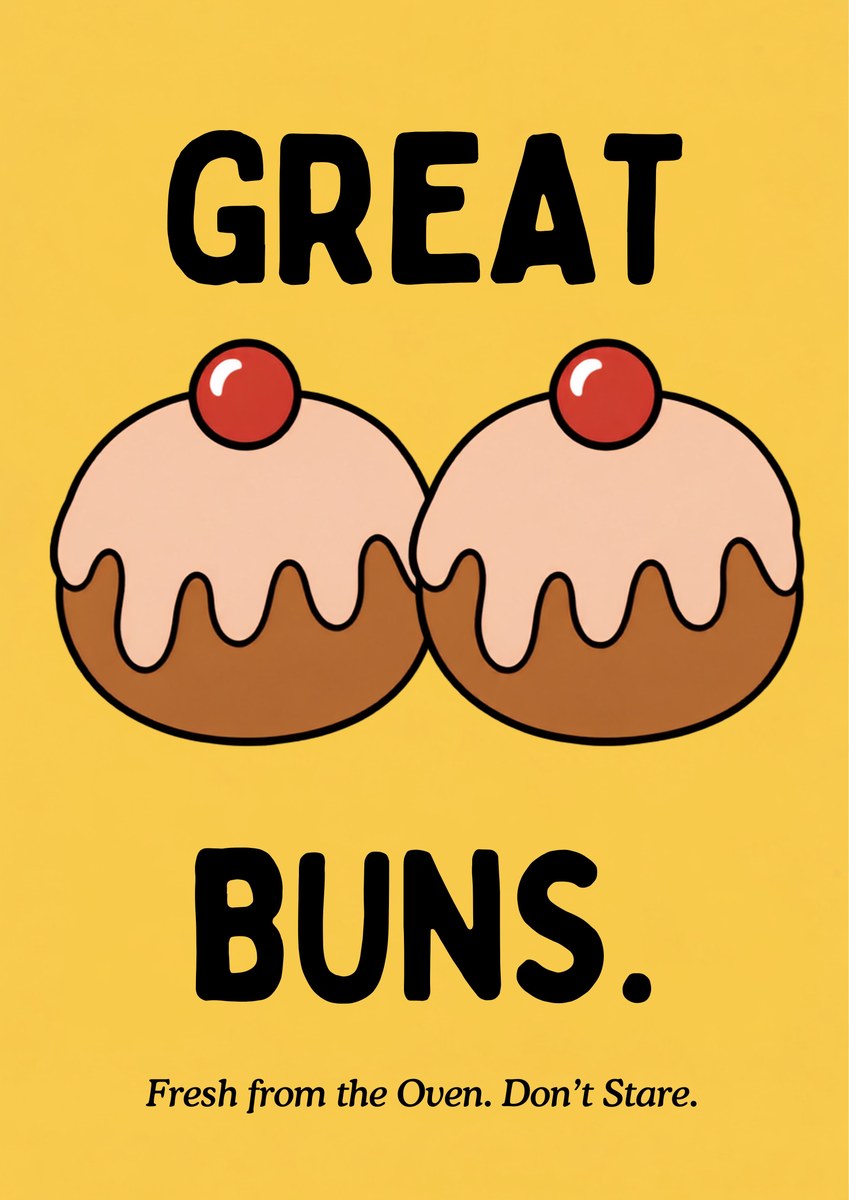 Great Buns – Custard Gold art print: bold cartoon illustration of two round golden-brown buns side by side, each topped with dripping pale blush icing and a glossy red cherry, set on a warm custard yellow background with heavy black hand-lettered GREAT above, BUNS. below and a small italic caption beneath