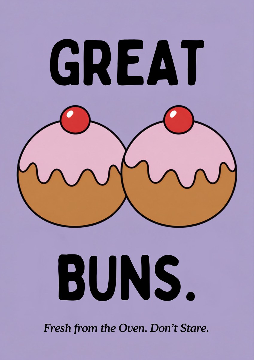 Great Buns – Sugared Violet art print: bold cartoon illustration of two golden-brown buns side by side, pink icing dripping over them in rounded scallops and a red cherry on top of each, on a pale sugared violet background with black hand-lettered GREAT above, BUNS. below and a small italic caption