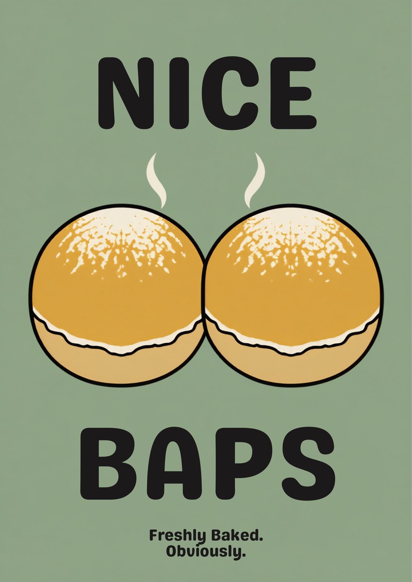 Nice Baps – Allotment Sage art print: bold cartoon illustration of two golden baps in black outline with white speckled crowns and a wavy split along each lower edge, white steam curling above, on a muted sage green background with black capitals reading NICE and BAPS and small FRESHLY BAKED. OBVIOUSLY.