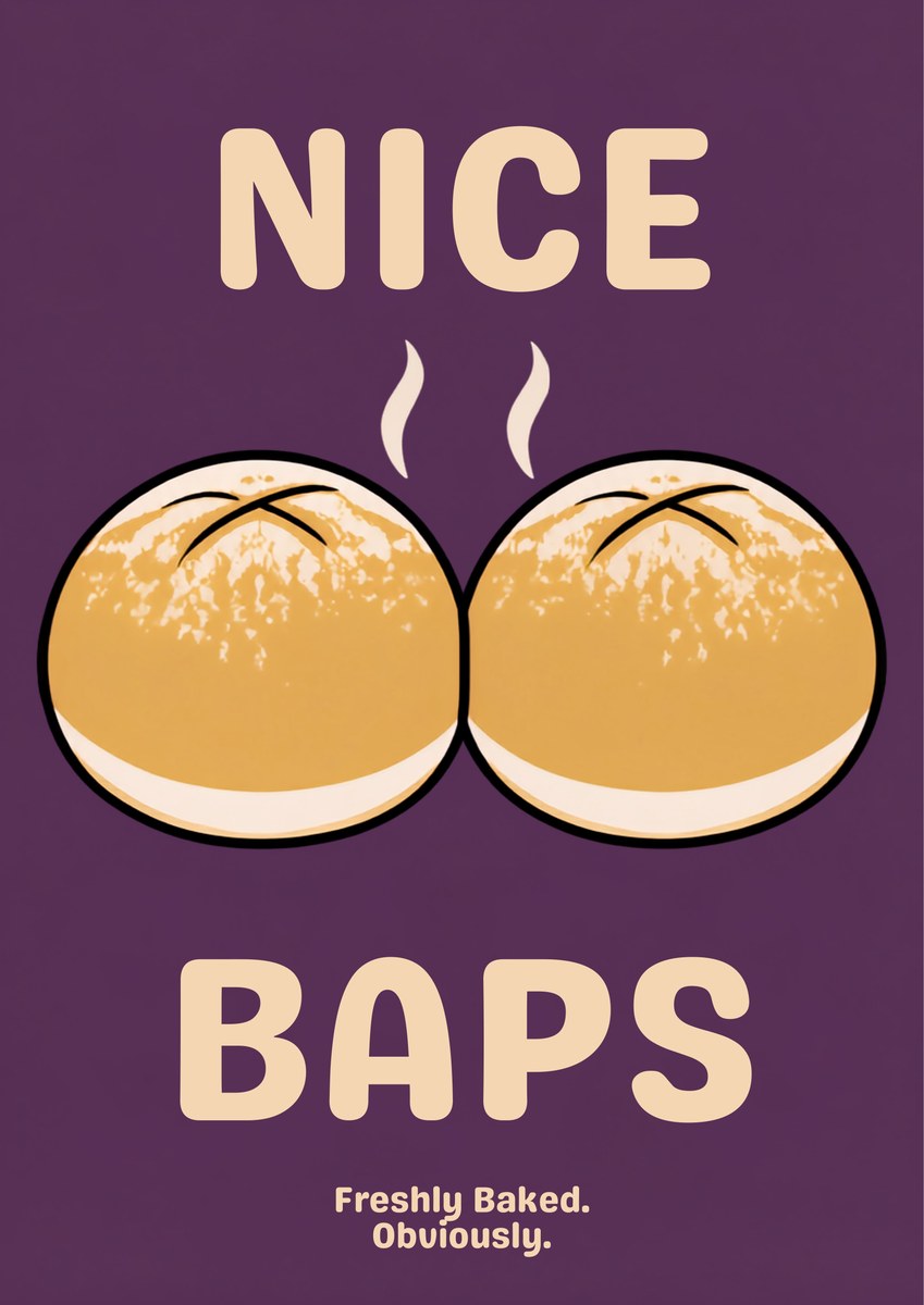 Nice Baps – Damson art print: bold cartoon illustration of two amber baps in black outline with cross-scored speckled crowns and cream bases, cream steam curls rising between them, on a deep damson purple background with oat cream capitals reading NICE and BAPS and small FRESHLY BAKED. OBVIOUSLY.