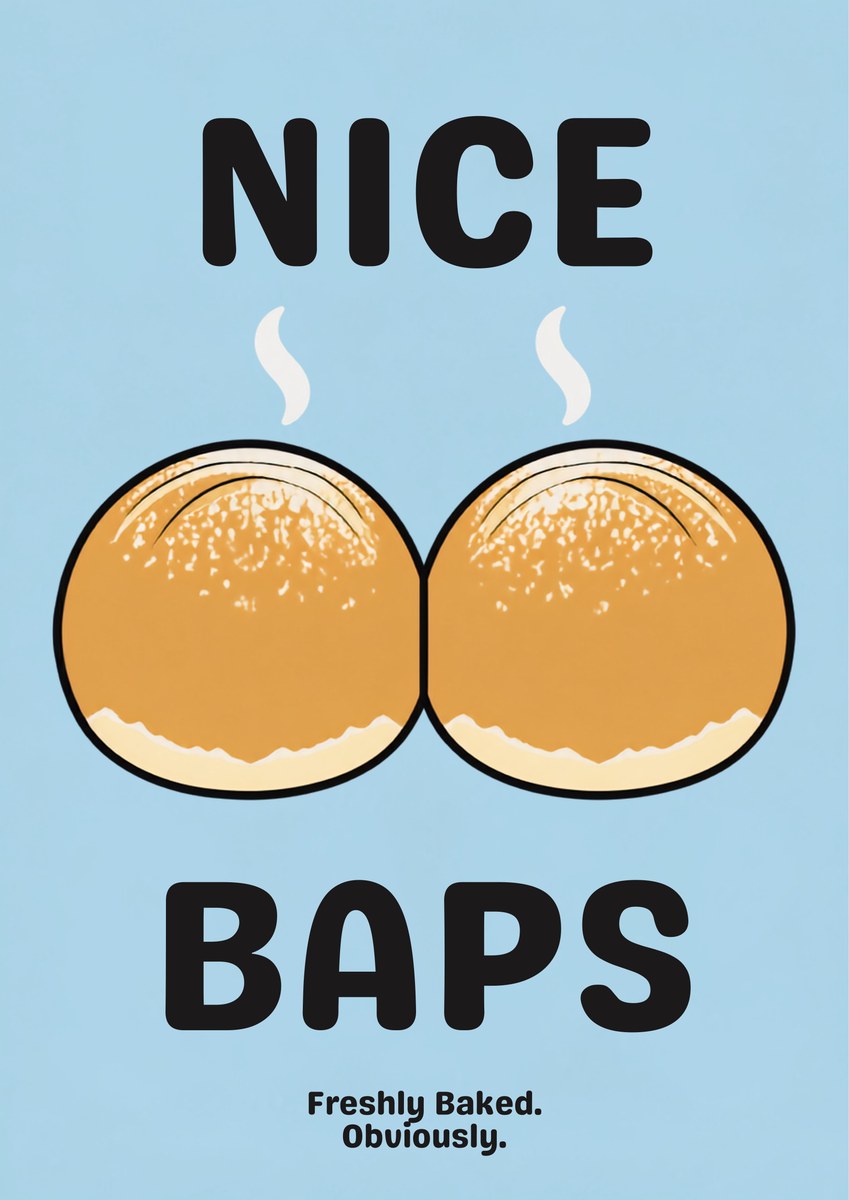 Nice Baps – Deckchair Blue art print: bold cartoon illustration of two tan baps in thick black outline with cream speckle on top and a jagged cream band along each base, white steam curls lifting off the crowns, on a pale sky blue background with black capitals reading NICE and BAPS and small FRESHLY BAKED. OBVIOUSLY.