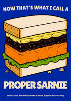 Now That's What I Call a Proper Sarnie – Deckchair Navy art print: the stacked sandwich illustration on a deep navy-blue background, with the headline and 'Proper Sarnie' wordmark reversed out in cream