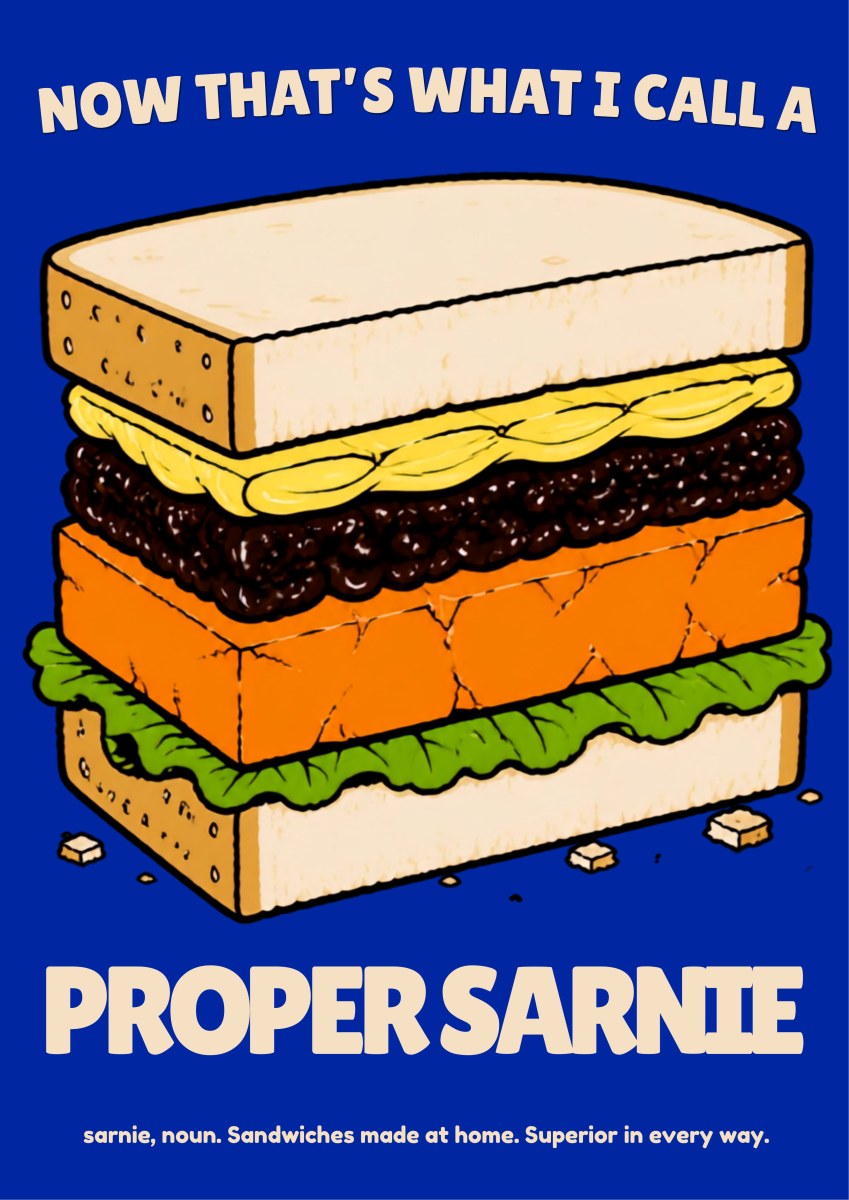 Now That's What I Call a Proper Sarnie – Deckchair Navy art print: the stacked sandwich illustration on a deep navy-blue background, with the headline and 'Proper Sarnie' wordmark reversed out in cream