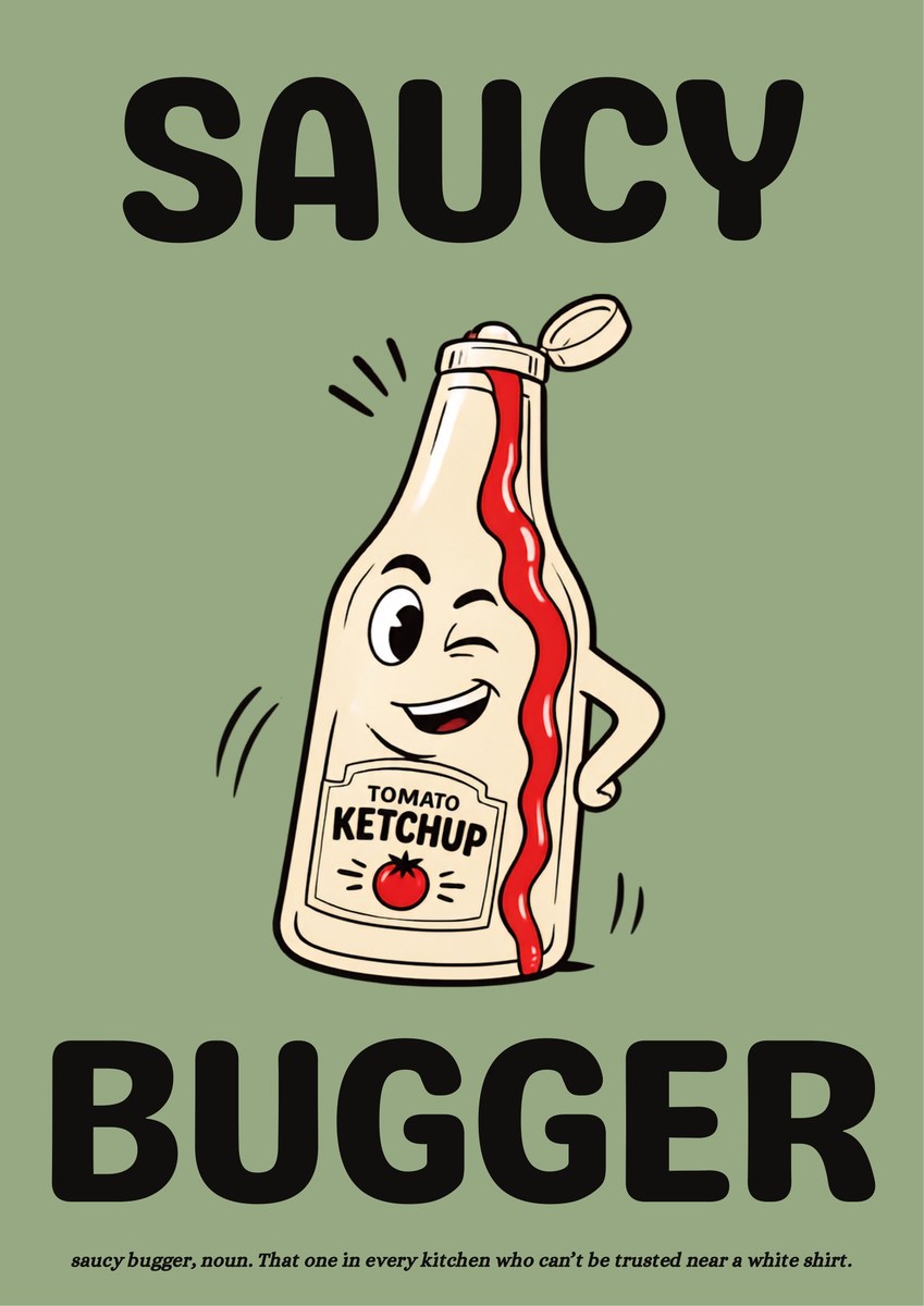 Saucy Bugger – Allotment Sage art print: bold cartoon cream tomato ketchup bottle with a winking face and a hand on its hip, cap flipped open and red sauce down a TOMATO KETCHUP label, on a soft sage green background with black lettering reading SAUCY and BUGGER and a small caption beneath