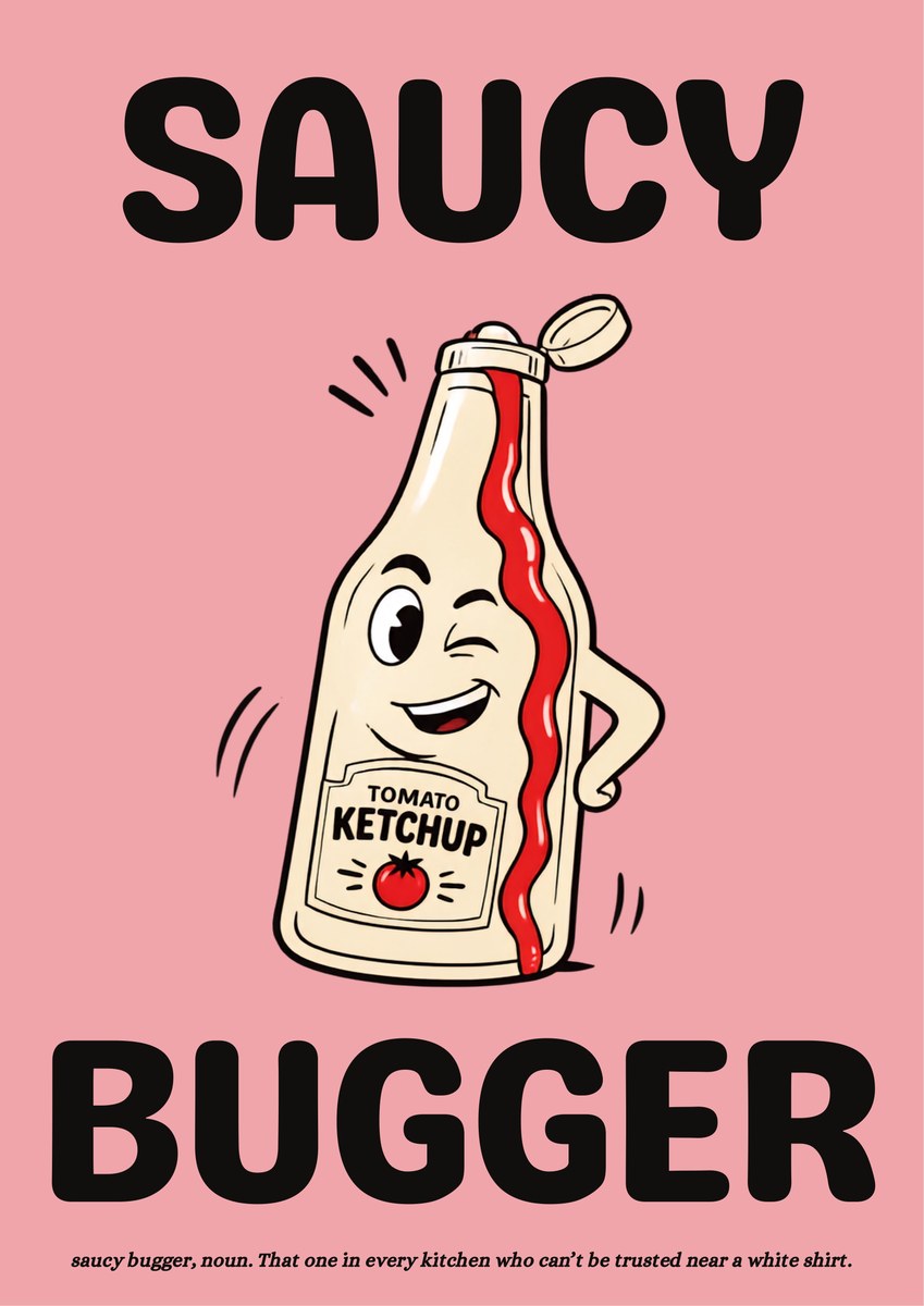 Saucy Bugger – Candyfloss Pink art print: bold cartoon cream tomato ketchup bottle with a winking face and a hand on its hip, cap popped open and a red ribbon of sauce over a TOMATO KETCHUP label, on a powdery pink background with black lettering reading SAUCY and BUGGER and a small caption beneath