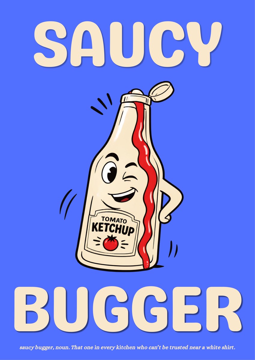Saucy Bugger – Deckchair Blue art print: bold cartoon cream tomato ketchup bottle with a winking face and a hand on its hip, cap flipped open and red sauce past a TOMATO KETCHUP label, on a vivid cornflower blue background with cream lettering reading SAUCY and BUGGER and a small caption beneath