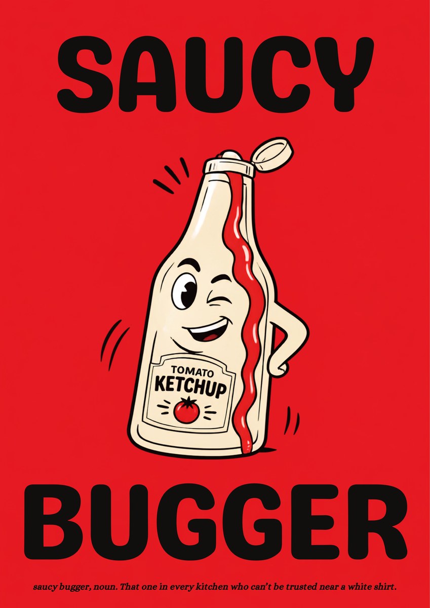 Saucy Bugger – Postbox Red art print: bold cartoon cream tomato ketchup bottle with a winking face and a hand on its hip, cap open and a line of red sauce over a TOMATO KETCHUP label, on a bright pillar-box red background with black lettering reading SAUCY and BUGGER and a small caption beneath