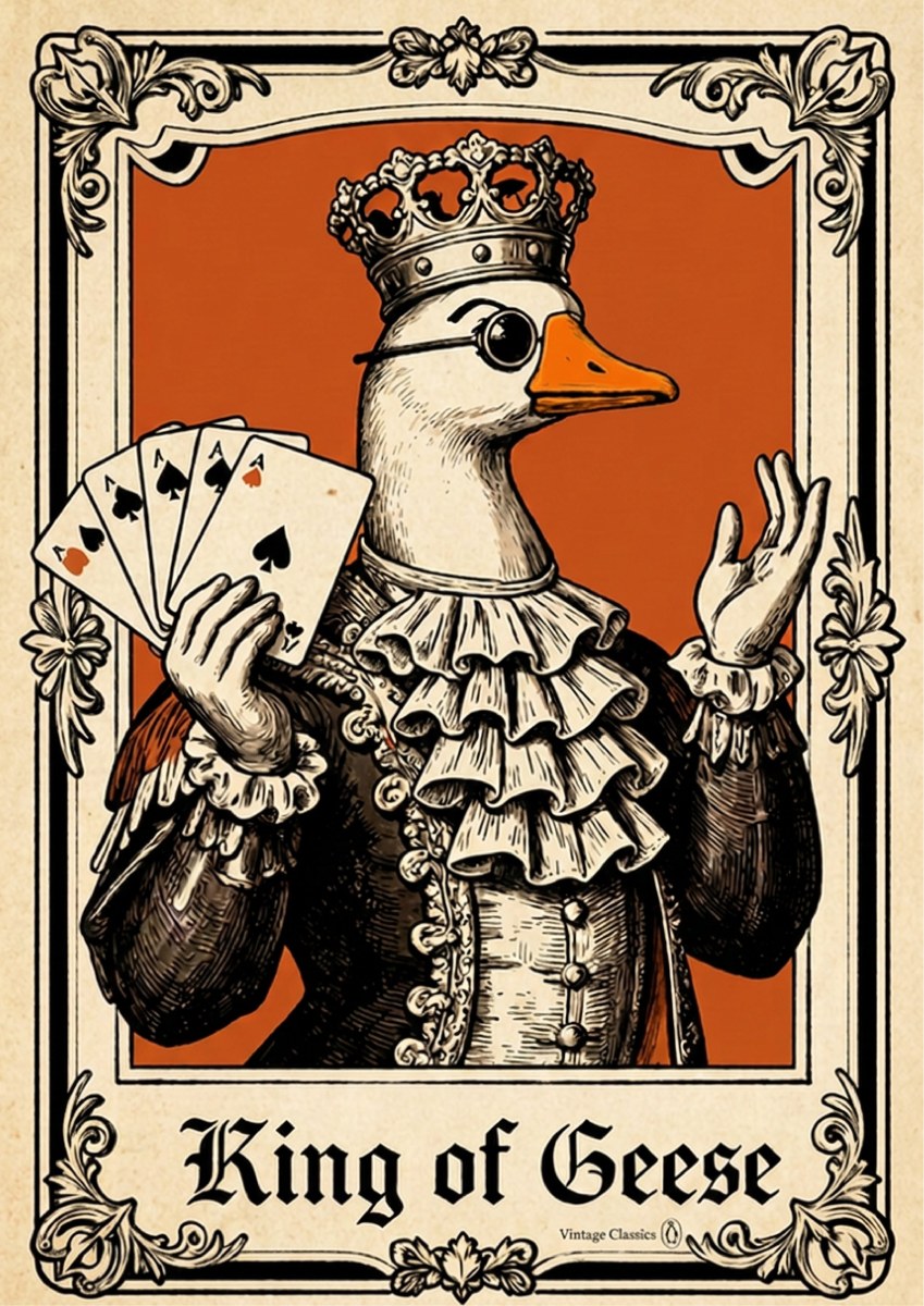 King of Geese – Burnt Amber art print: the crowned goose in period court dress holding aces, framed by an ornate border on a burnt orange ground, captioned King of Geese