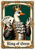 King of Geese – Emerald Baize art print: the same crowned goose monarch holding playing cards within an ornate gold frame, set against a rich emerald green ground, captioned King of Geese