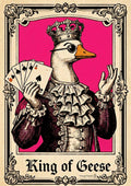 King of Geese – Jester Pink art print: the engraved goose king in crown, monocle and ruffled collar with a fan of ace cards, on a vivid hot pink ground inside a decorative gold border, captioned King of Geese