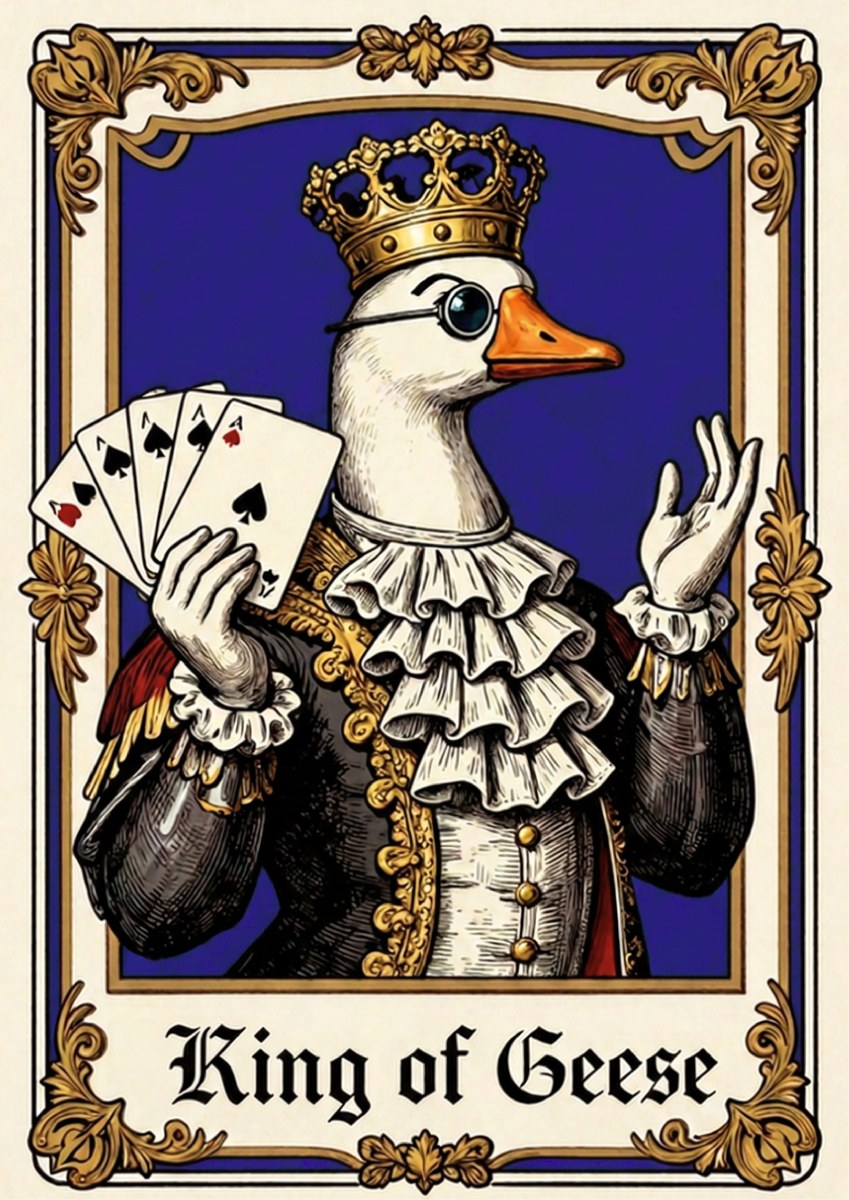 King of Geese – Royal Sapphire art print: the crowned engraved goose king with monocle, lace ruff and gold-trimmed coat holding a fan of aces, framed by a gilded border on a royal sapphire blue ground, captioned King of Geese