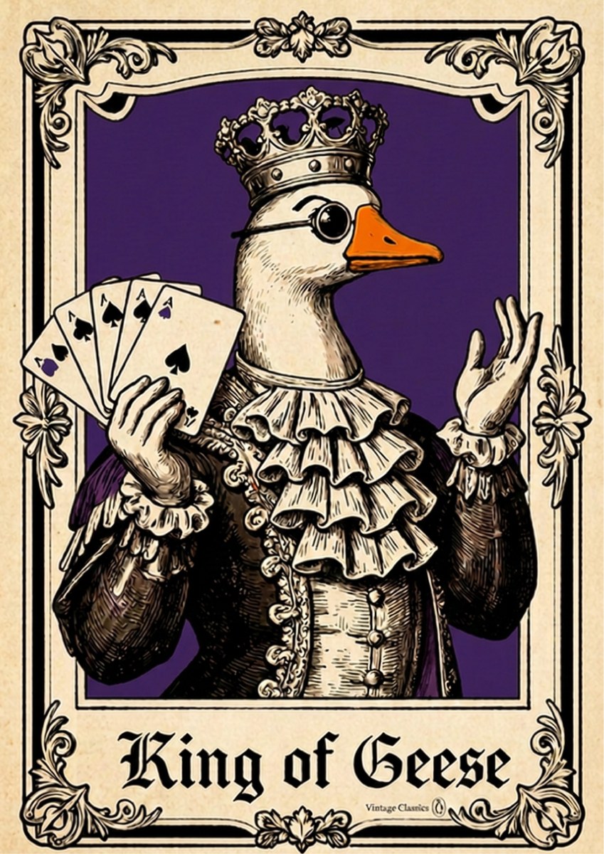 King of Geese – Sovereign Purple art print: the monocled goose king with crown, lace ruff and playing cards, set on a deep violet purple ground inside an ornate frame, captioned King of Geese