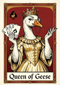 Queen of Geese – Claret Court art print: a playing-card style portrait of a white goose queen in a gold brocade gown and jewelled crown, monocle on a chain, holding four aces, with a goose-and-spade emblem in the corner, on a deep claret red ground, captioned Queen of Geese