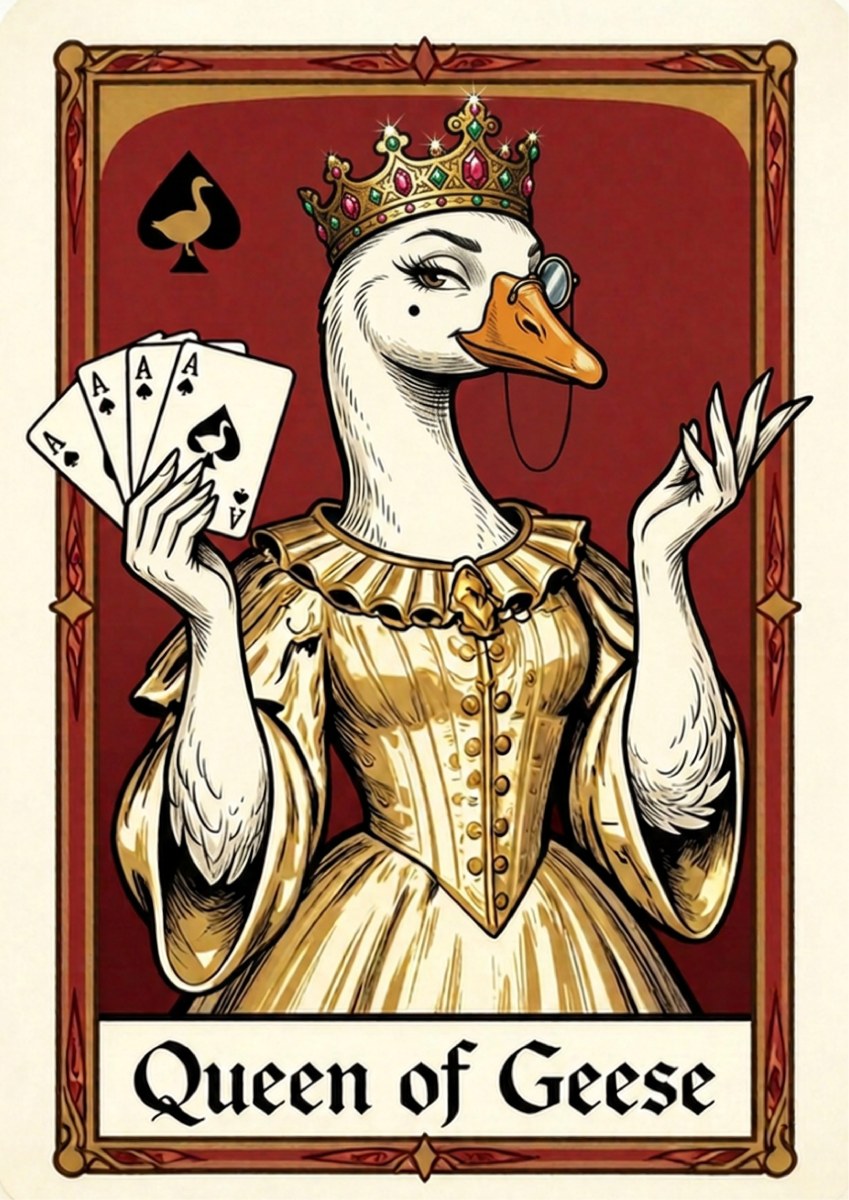Queen of Geese – Claret Court art print: a playing-card style portrait of a white goose queen in a gold brocade gown and jewelled crown, monocle on a chain, holding four aces, with a goose-and-spade emblem in the corner, on a deep claret red ground, captioned Queen of Geese
