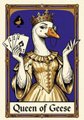 Queen of Geese – Cobalt Coronet art print: the goose queen in her golden gown and gem-set crown holding a fan of aces, framed as a playing card on a royal cobalt blue ground, captioned Queen of Geese