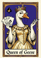 Queen of Geese – Cobalt Coronet art print: the goose queen in her golden gown and gem-set crown holding a fan of aces, framed as a playing card on a royal cobalt blue ground, captioned Queen of Geese